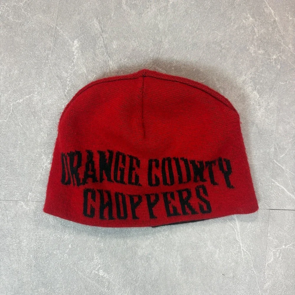 Orange County Choppers Reversible Beanie Hat Mens Black Red OCC Biker Skull Cap